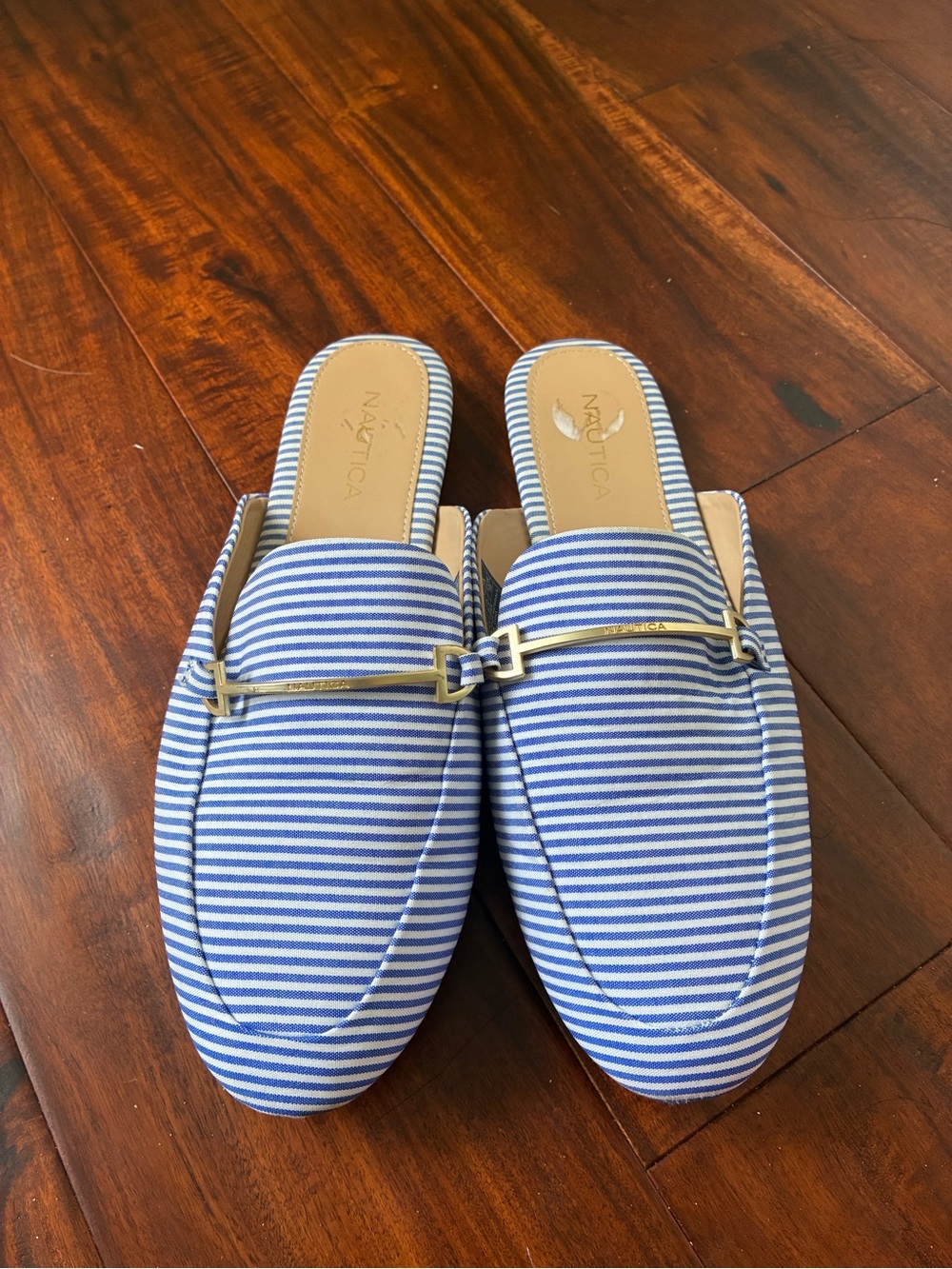 Nautica Blue & White Striped Slip-On Mules with Gold Accent